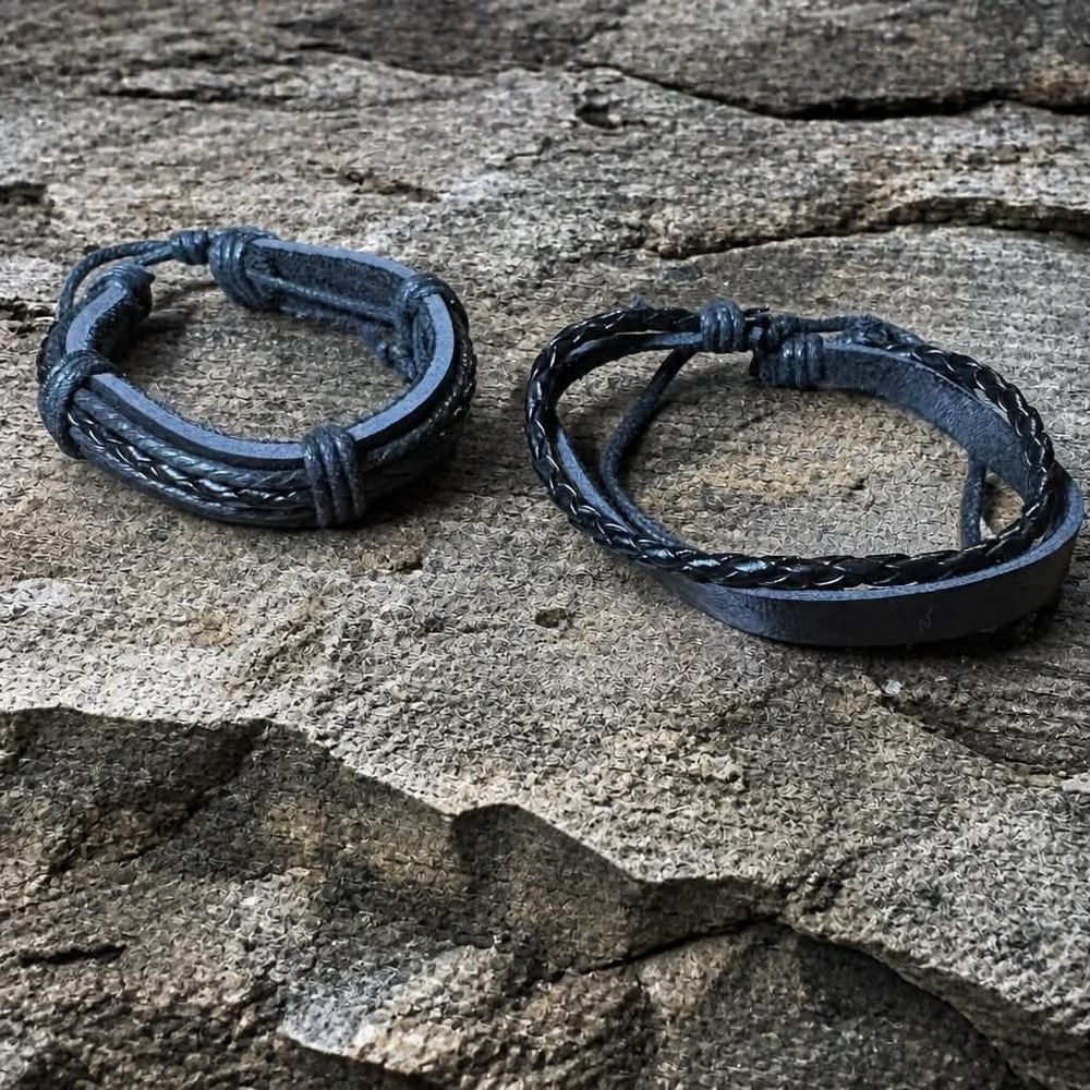 2Pcs Black Leather Cord Braided Couples Friendship Bracelets Set Gift NEW